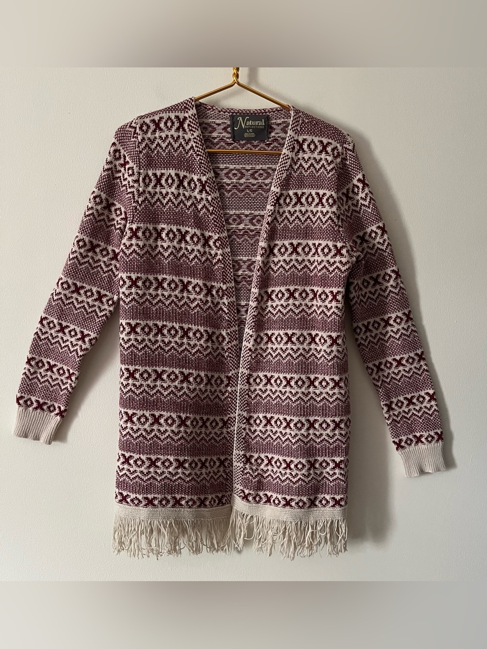 Natural Reflections Women’s Burgundy & Cream Boho Hippie Fringe Cardigan L
